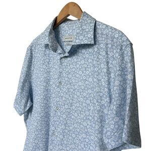 BUGATCHI Men's L Blue Stretch Floral Short Sleeve Button-Up Shirt Casual Cotton